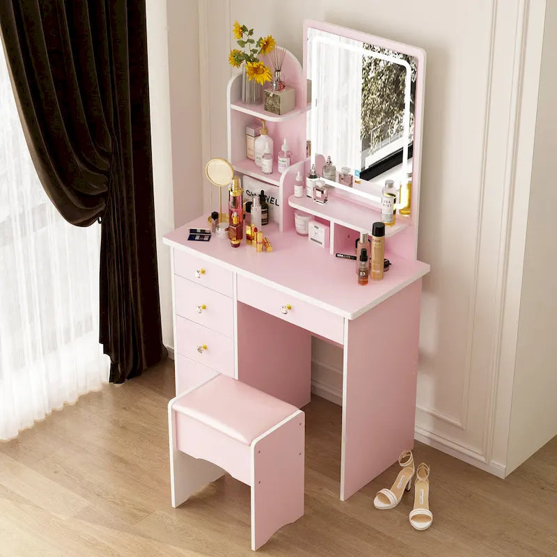 Coiffeuse avec miroir lumineux, étagères de rangement et tiroirs Blanc - 80L x 40l x 140H