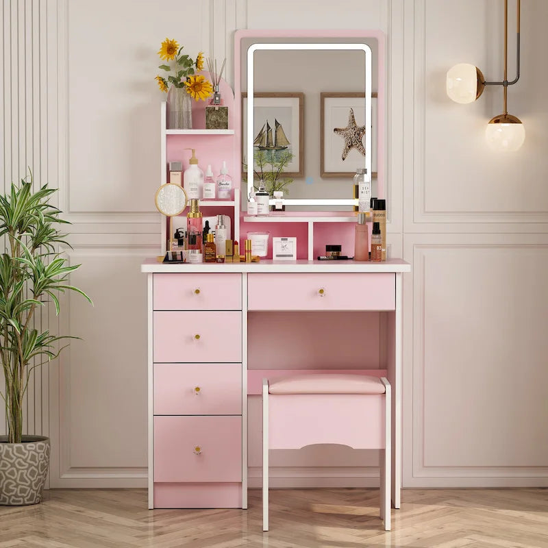Coiffeuse avec miroir lumineux, étagères de rangement et tiroirs Blanc - 80L x 40l x 140H