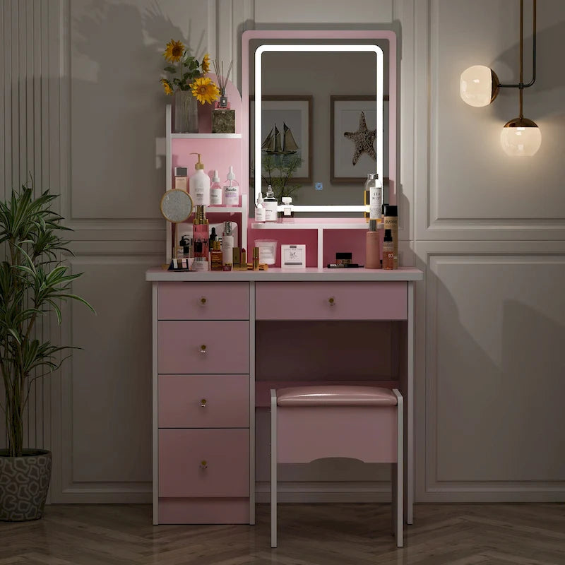 Coiffeuse avec miroir lumineux, étagères de rangement et tiroirs Blanc - 80L x 40l x 140H
