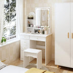Coiffeuse avec miroir lumineux, étagères de rangement et tiroirs Blanc - 80L x 40l x 140H