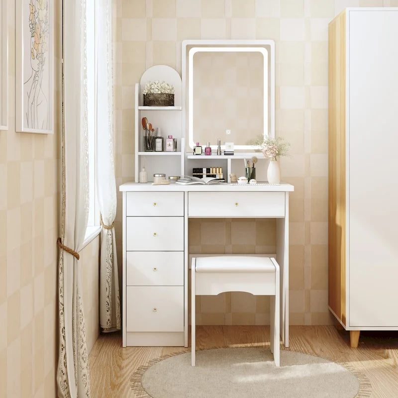 Coiffeuse avec miroir lumineux, étagères de rangement et tiroirs Blanc - 80L x 40l x 140H