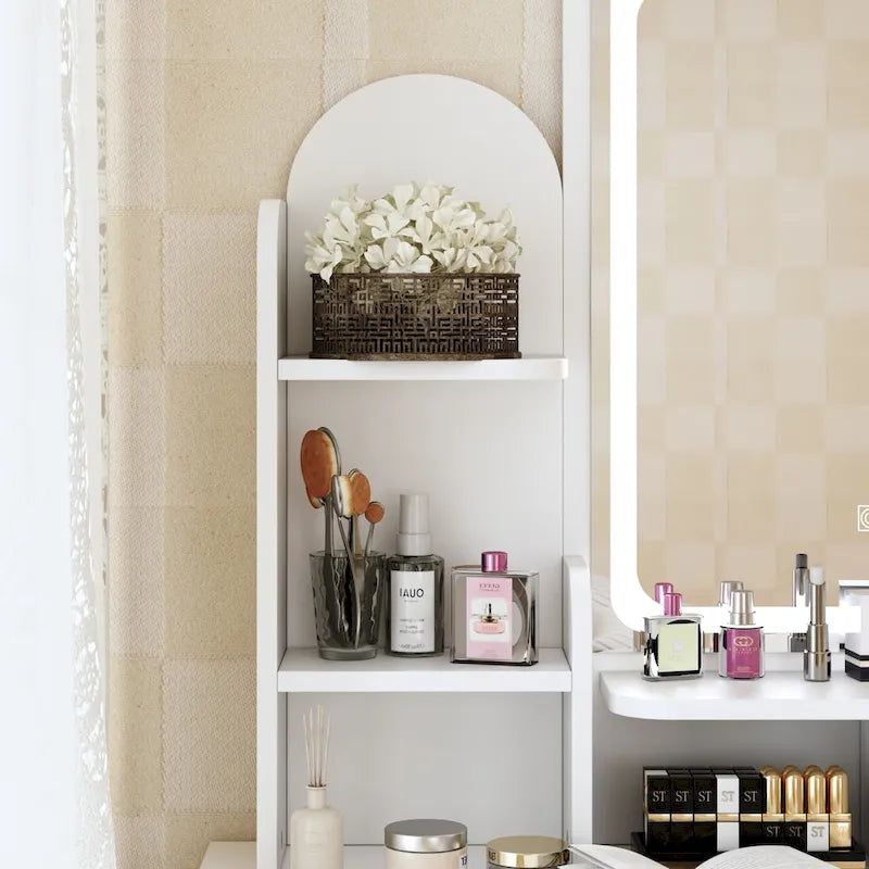 Coiffeuse avec miroir lumineux, étagères de rangement et tiroirs Blanc - 80L x 40l x 140H