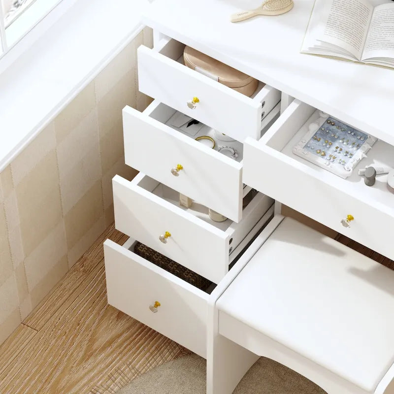 Coiffeuse avec miroir lumineux, étagères de rangement et tiroirs Blanc - 80L x 40l x 140H