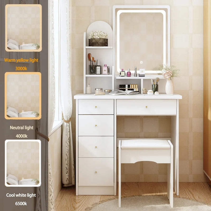 Coiffeuse avec miroir lumineux, étagères de rangement et tiroirs Blanc - 80L x 40l x 140H
