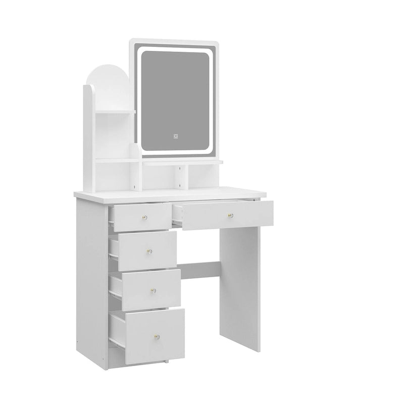 Coiffeuse avec miroir lumineux, étagères de rangement et tiroirs Blanc - 80L x 40l x 140H