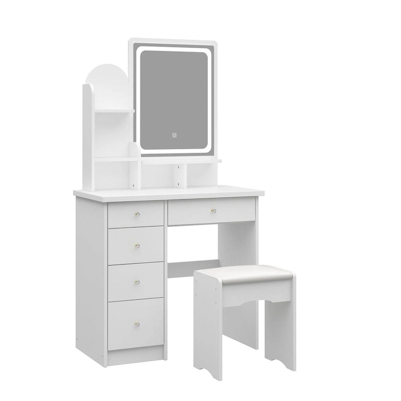 Coiffeuse avec miroir lumineux, étagères de rangement et tiroirs Blanc - 80L x 40l x 140H