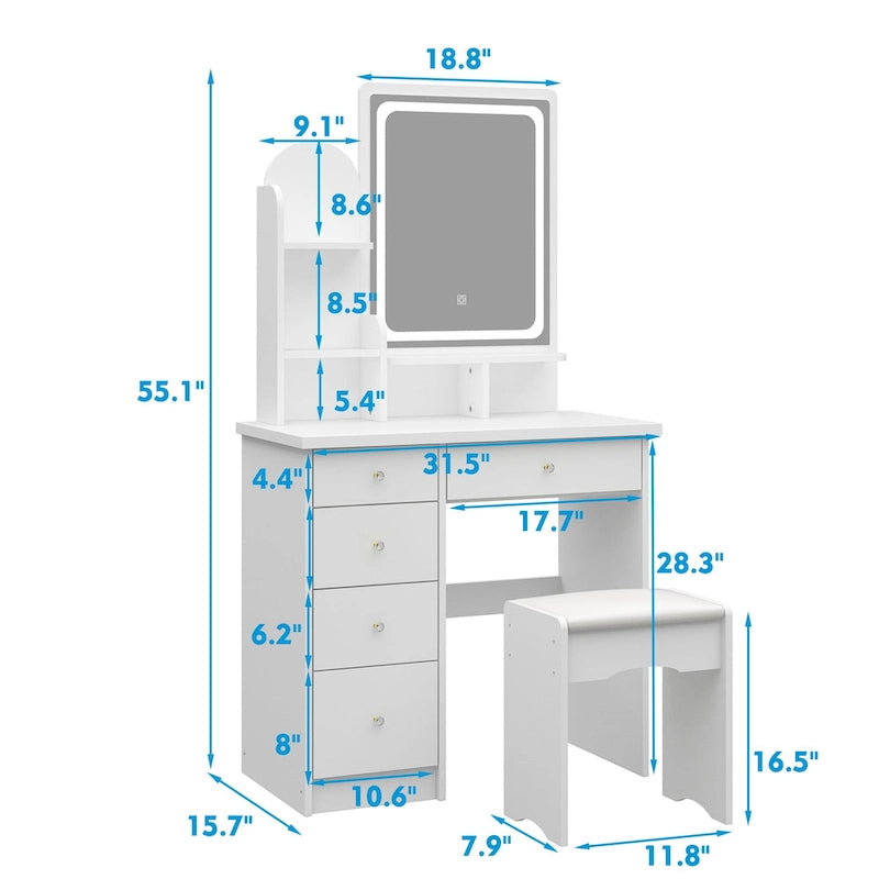 Coiffeuse avec miroir lumineux, étagères de rangement et tiroirs Blanc - 80L x 40l x 140H