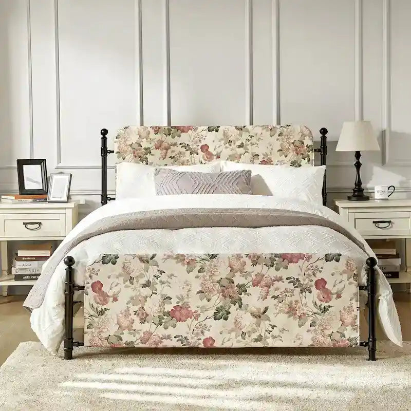 Cadre de lit plateforme en métal tapissé floral Diana Transitional 62 avec housse lavable par HULALA HOME