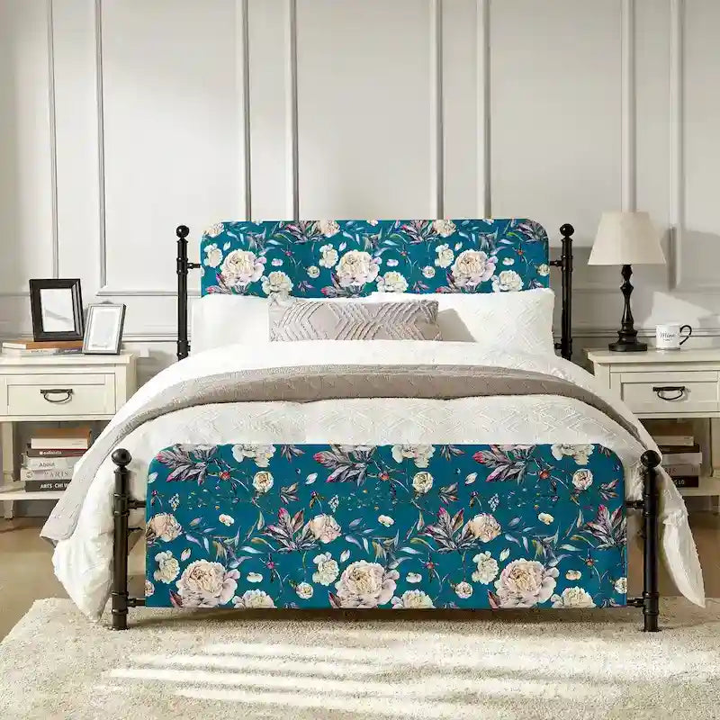 Cadre de lit plateforme en métal tapissé floral Diana Transitional 62 avec housse lavable par HULALA HOME