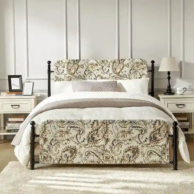 Cadre de lit plateforme en métal tapissé floral Diana Transitional 62 avec housse lavable par HULALA HOME
