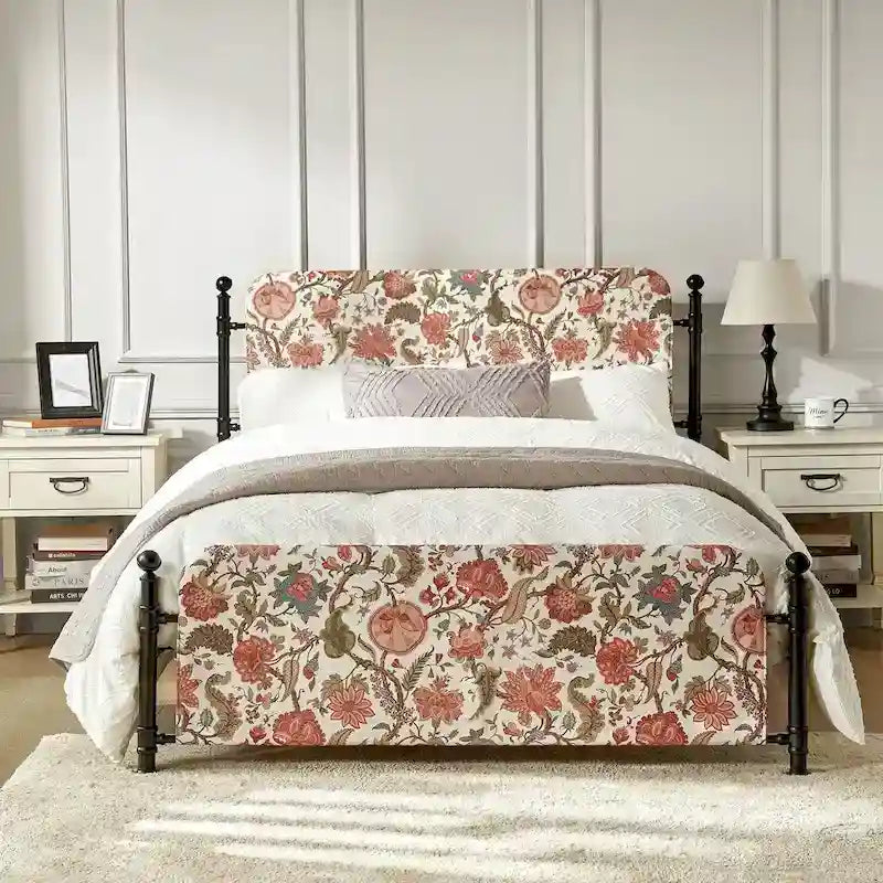 Cadre de lit plateforme en métal tapissé floral Diana Transitional 62 avec housse lavable par HULALA HOME