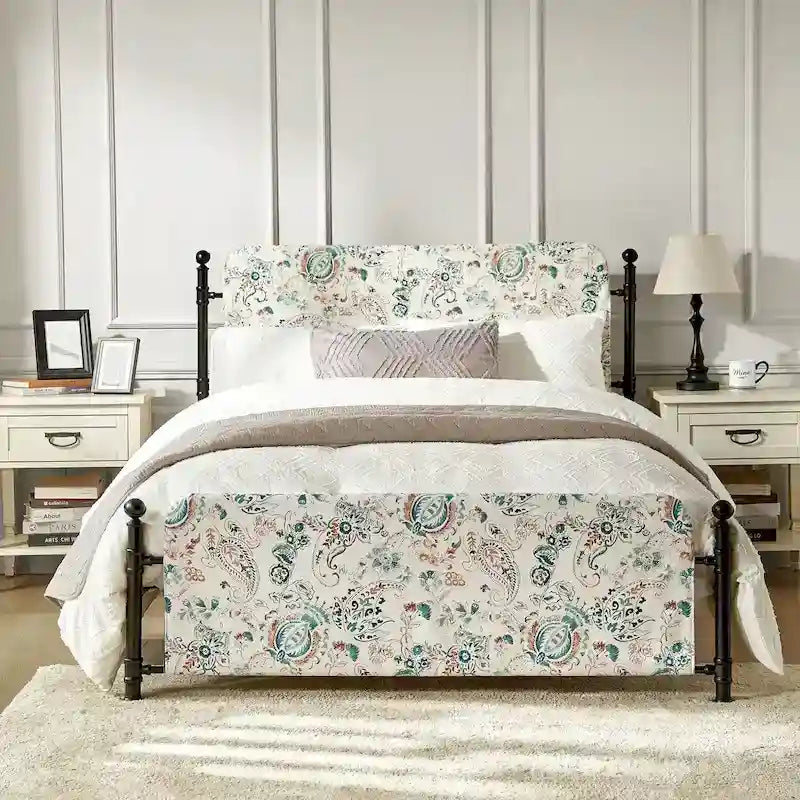 Cadre de lit plateforme en métal tapissé floral Diana Transitional 62 avec housse lavable par HULALA HOME