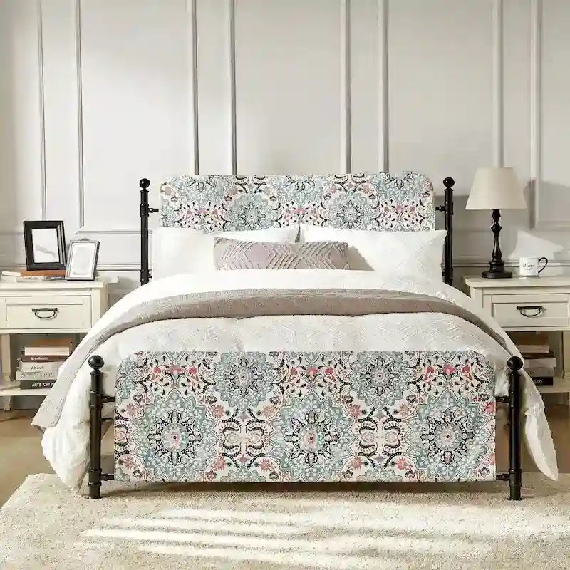 Cadre de lit plateforme en métal tapissé floral Diana Transitional 62 avec housse lavable par HULALA HOME