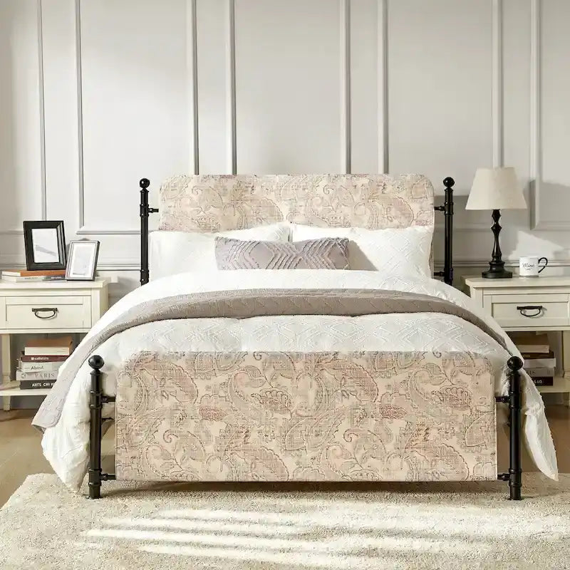 Cadre de lit plateforme en métal tapissé floral Diana Transitional 62 avec housse lavable par HULALA HOME