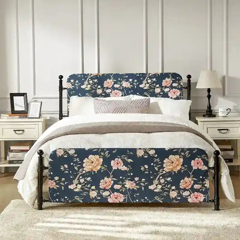 Cadre de lit plateforme en métal tapissé floral Diana Transitional 62 avec housse lavable par HULALA HOME