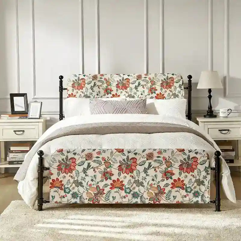 Cadre de lit plateforme en métal tapissé floral Diana Transitional 62 avec housse lavable par HULALA HOME