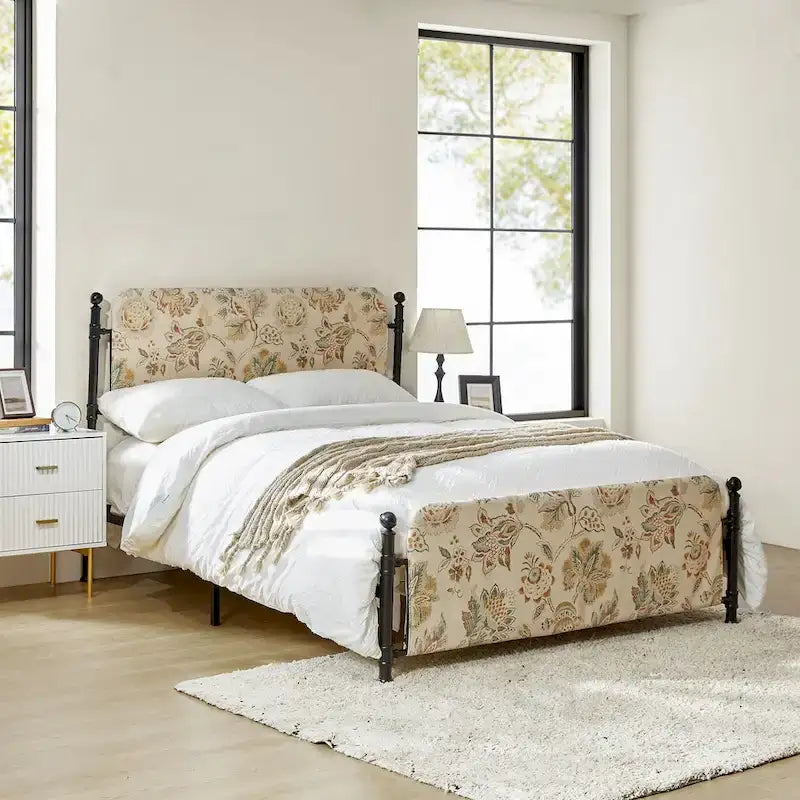 Cadre de lit plateforme en métal tapissé floral Diana Transitional 62 avec housse lavable par HULALA HOME