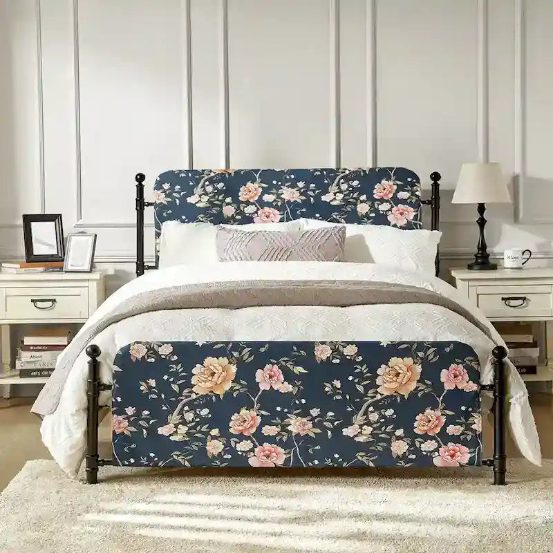 Cadre de lit plateforme en métal tapissé floral Diana Transitional 62 avec housse lavable par HULALA HOME