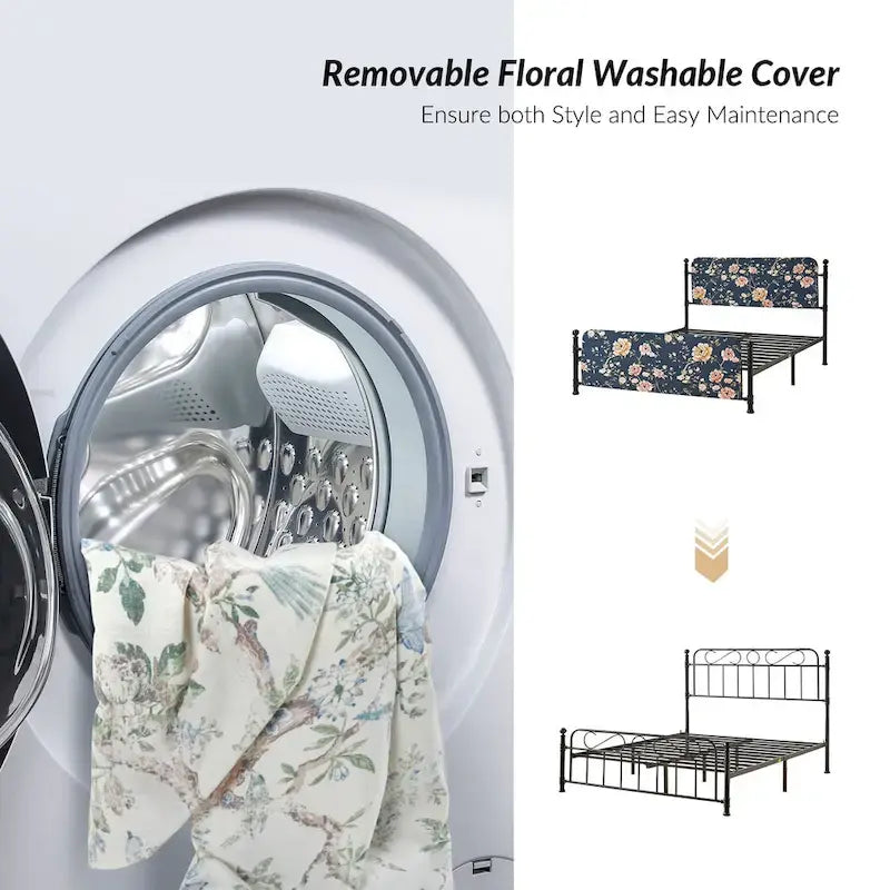 Cadre de lit plateforme en métal tapissé floral Diana Transitional 62 avec housse lavable par HULALA HOME