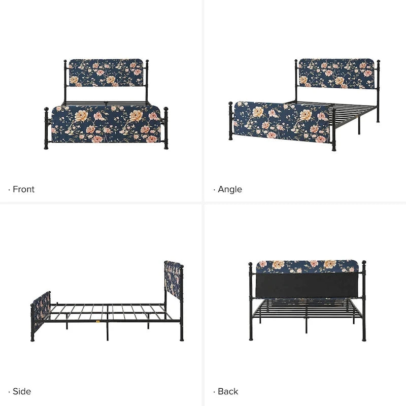 Cadre de lit plateforme en métal tapissé floral Diana Transitional 62 avec housse lavable par HULALA HOME