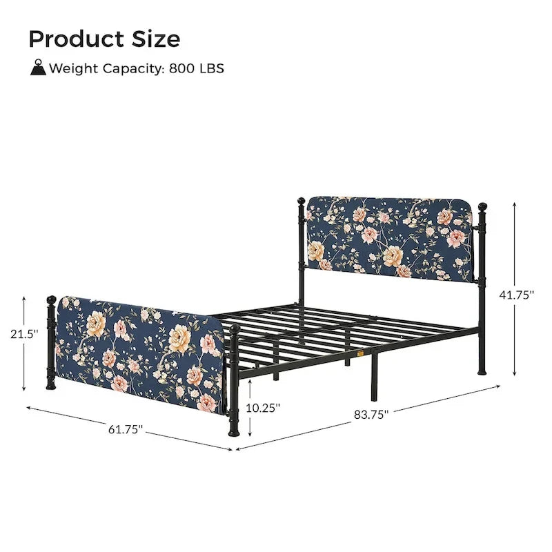 Cadre de lit plateforme en métal tapissé floral Diana Transitional 62 avec housse lavable par HULALA HOME