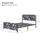 Cadre de lit plateforme en métal tapissé floral Diana Transitional 62 avec housse lavable par HULALA HOME
