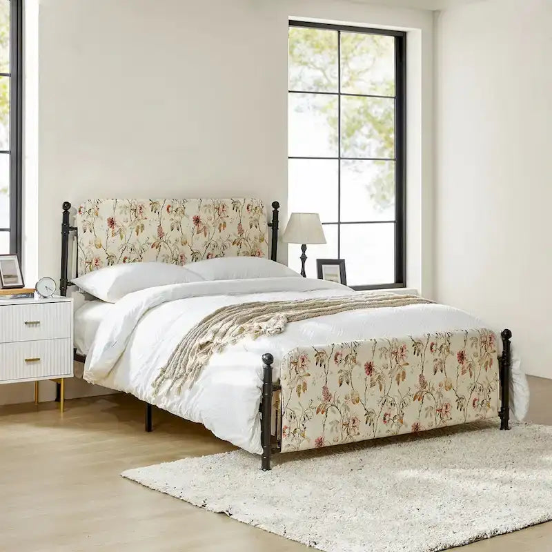 Cadre de lit plateforme en métal tapissé floral Diana Transitional 62 avec housse lavable par HULALA HOME