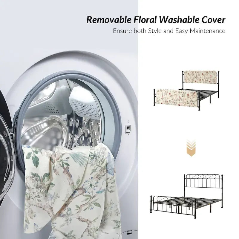 Cadre de lit plateforme en métal tapissé floral Diana Transitional 62 avec housse lavable par HULALA HOME