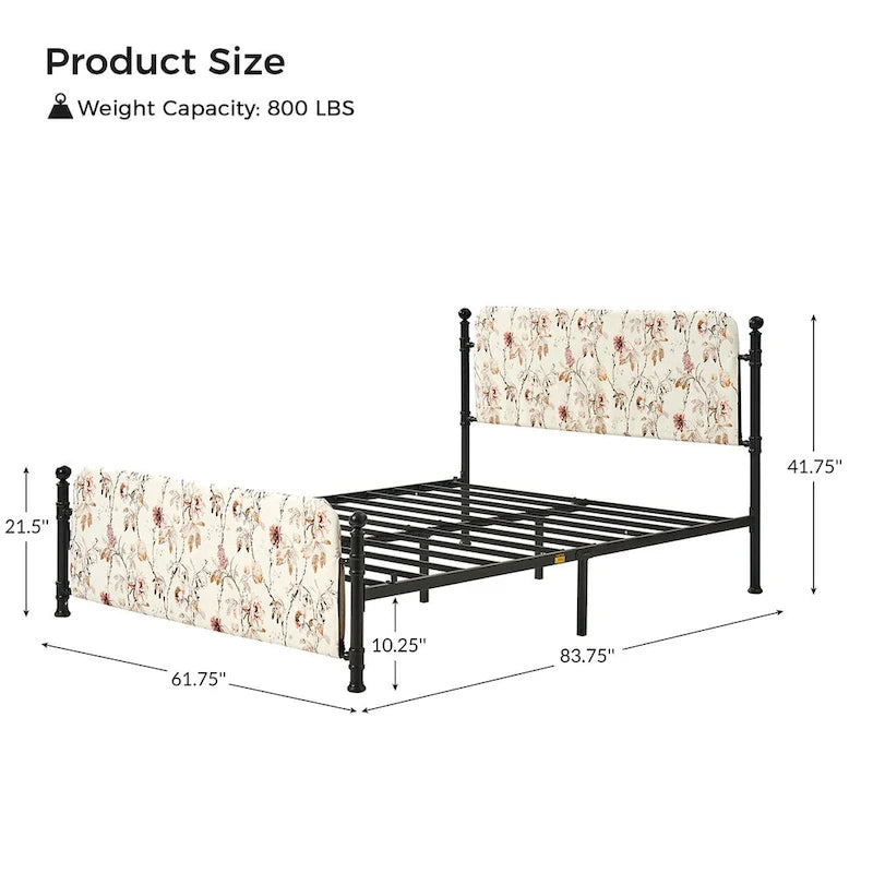 Cadre de lit plateforme en métal tapissé floral Diana Transitional 62 avec housse lavable par HULALA HOME