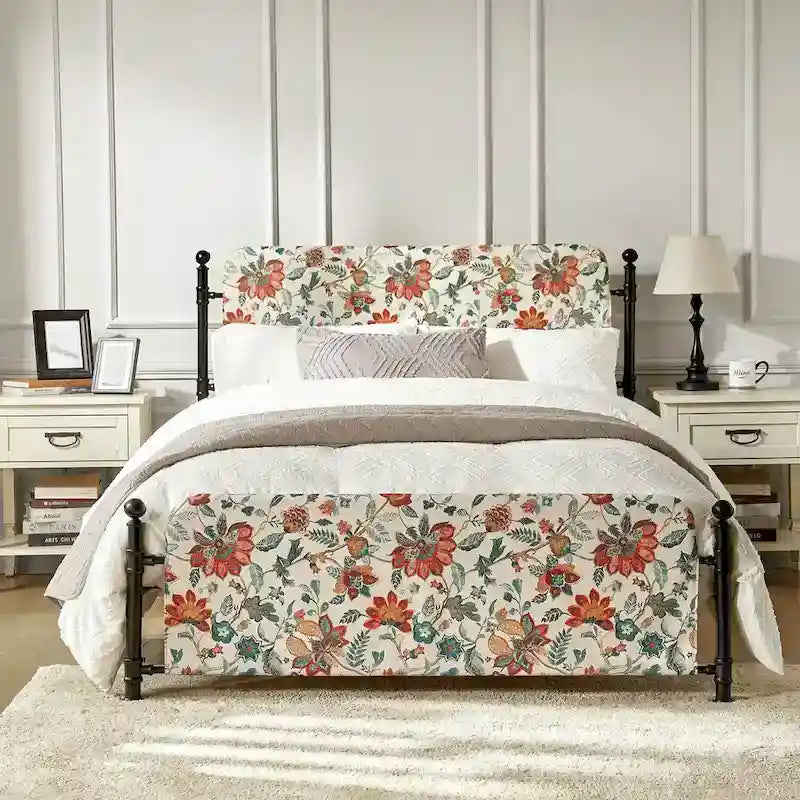 Cadre de lit plateforme en métal tapissé floral Diana Transitional 62 avec housse lavable par HULALA HOME