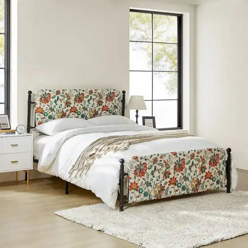 Cadre de lit plateforme en métal tapissé floral Diana Transitional 62 avec housse lavable par HULALA HOME