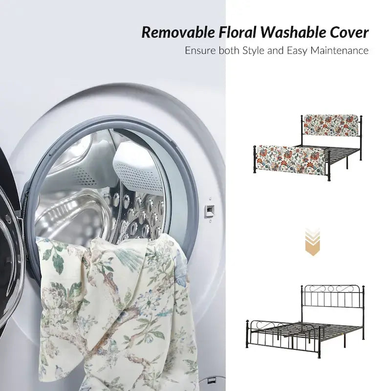 Cadre de lit plateforme en métal tapissé floral Diana Transitional 62 avec housse lavable par HULALA HOME