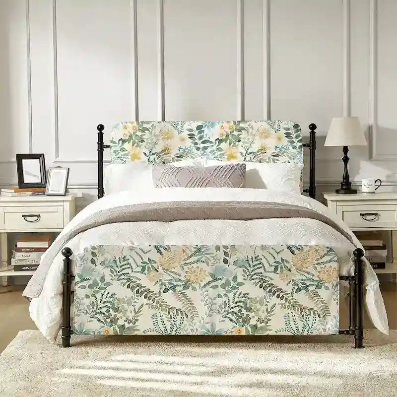 Cadre de lit plateforme en métal tapissé floral Diana Transitional 62 avec housse lavable par HULALA HOME