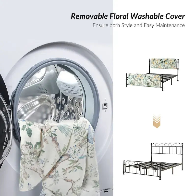 Cadre de lit plateforme en métal tapissé floral Diana Transitional 62 avec housse lavable par HULALA HOME