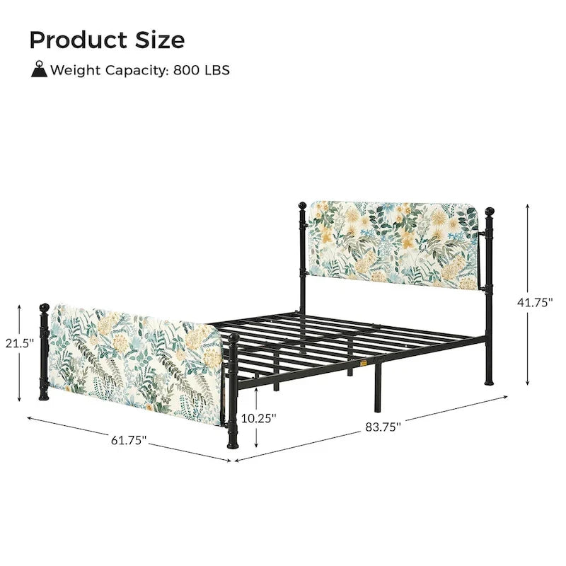 Cadre de lit plateforme en métal tapissé floral Diana Transitional 62 avec housse lavable par HULALA HOME