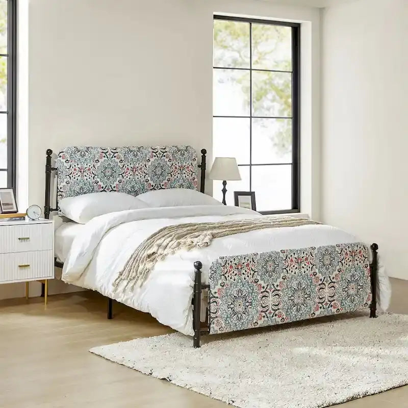 Cadre de lit plateforme en métal tapissé floral Diana Transitional 62 avec housse lavable par HULALA HOME