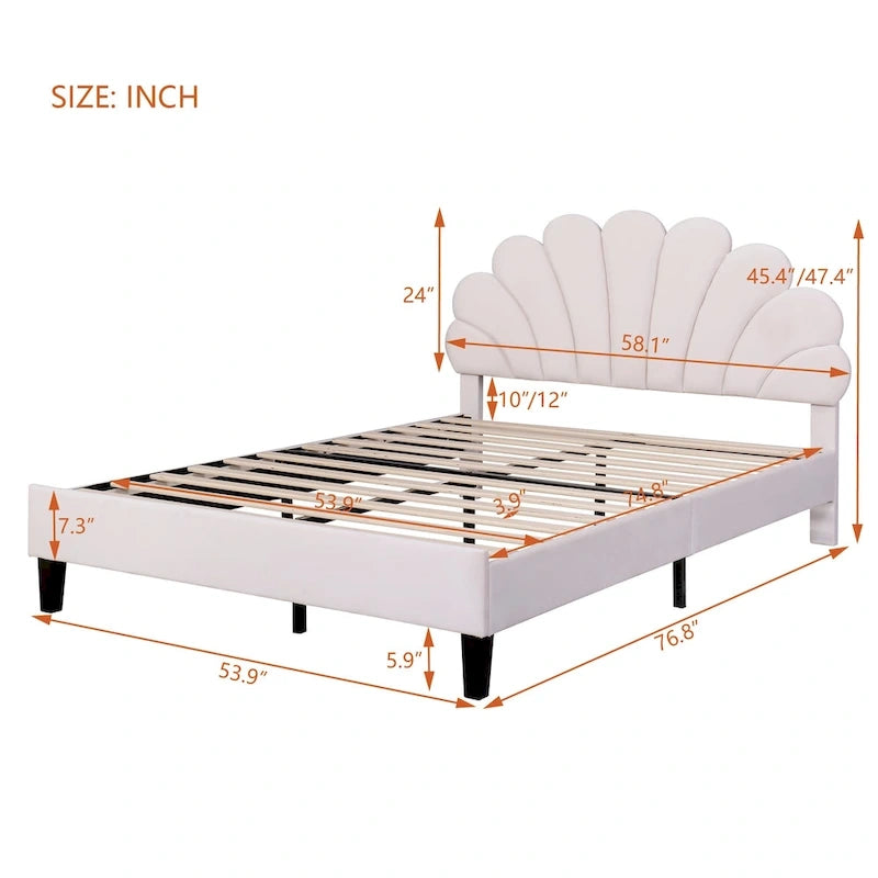 Lit plateforme rembourré avec tête de lit en velours à motif floral