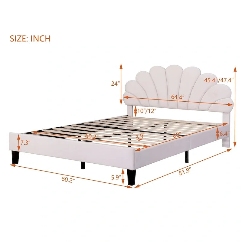 Lit plateforme rembourré avec tête de lit en velours à motif floral