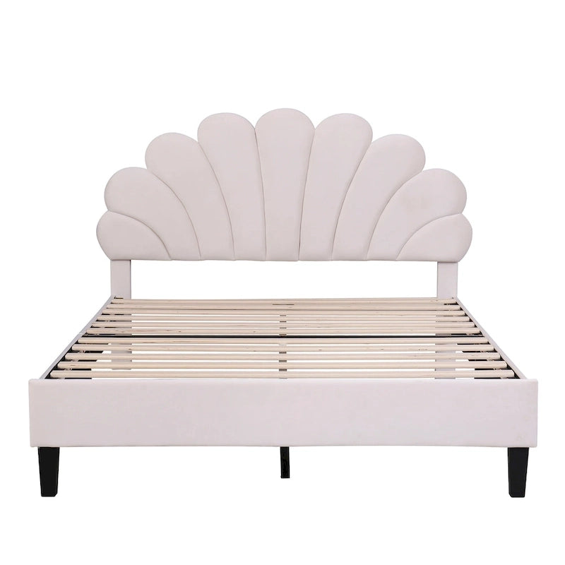 Lit plateforme rembourré avec tête de lit en velours à motif floral