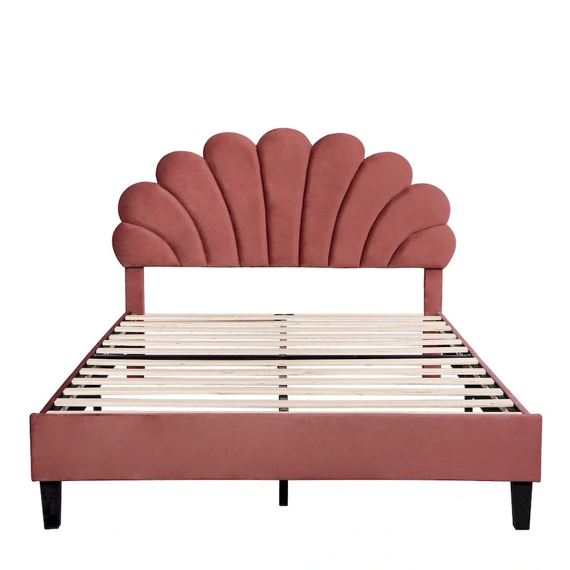Lit plateforme rembourré avec tête de lit en velours à motif floral
