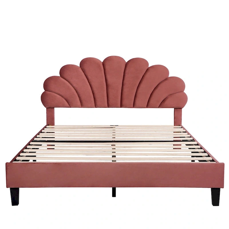 Lit plateforme rembourré avec tête de lit en velours à motif floral