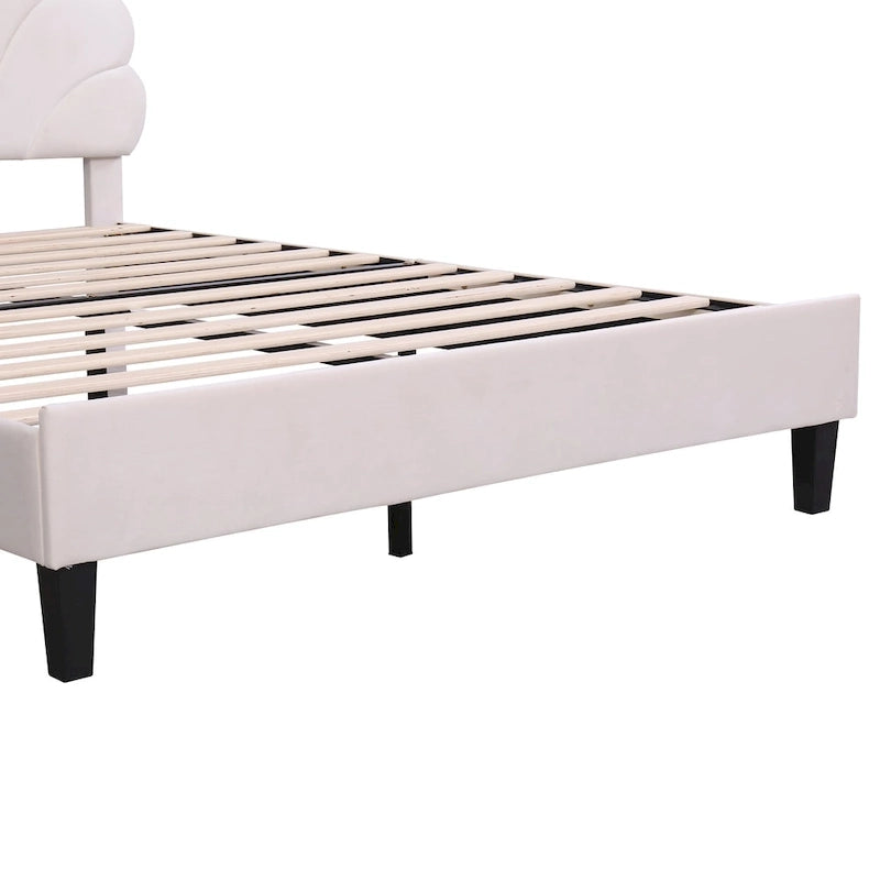 Lit plateforme rembourré avec tête de lit en velours à motif floral