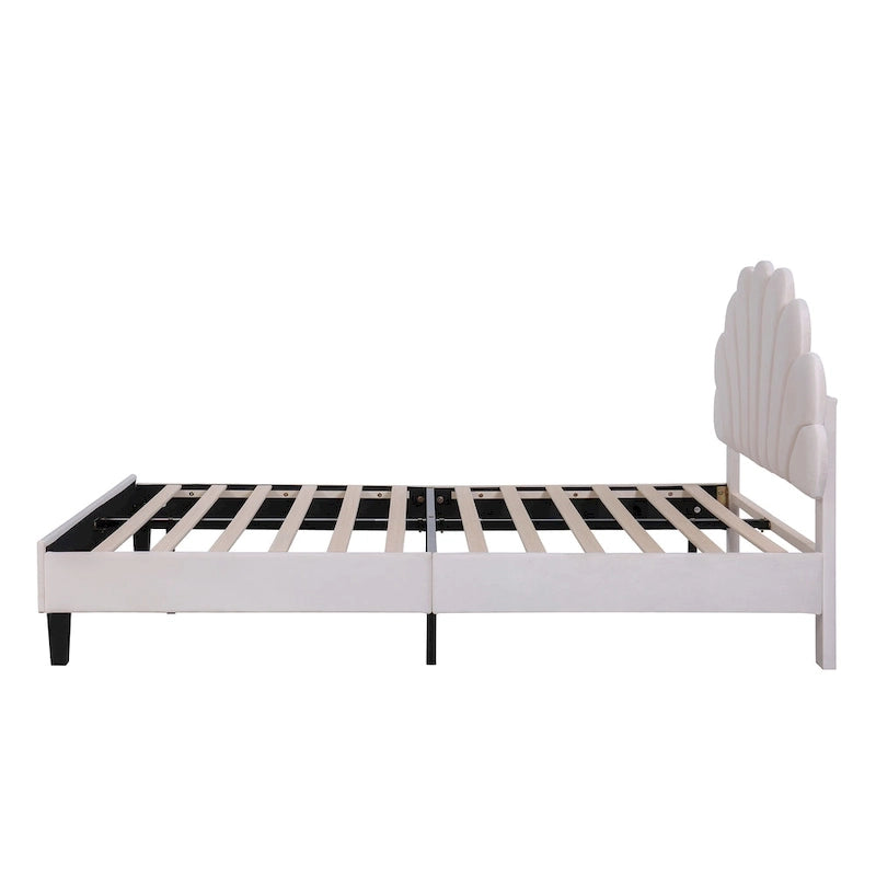 Lit plateforme rembourré avec tête de lit en velours à motif floral