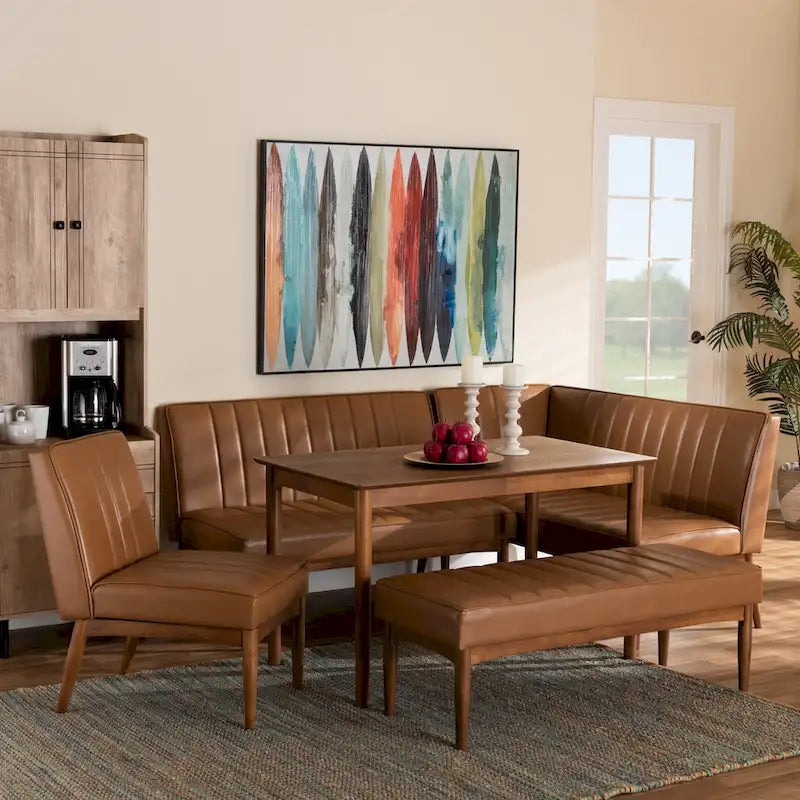 Ensemble de salle à manger 5 pièces en noyer et tissu rembourré, style Mid-Century