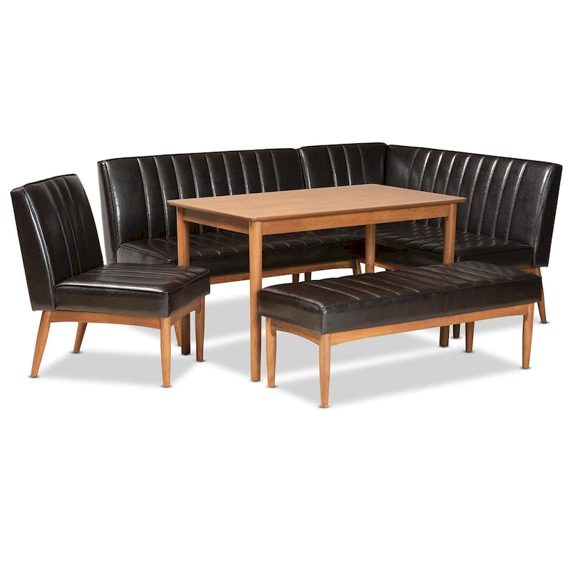 Ensemble de salle à manger 5 pièces en noyer et tissu rembourré, style Mid-Century