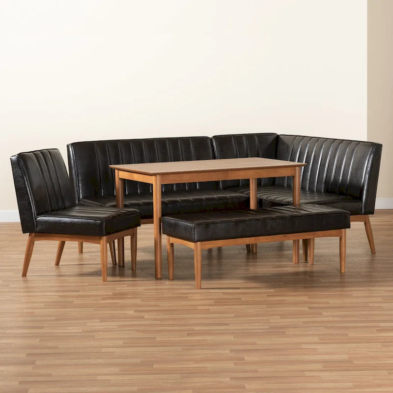 Ensemble de salle à manger 5 pièces en noyer et tissu rembourré, style Mid-Century