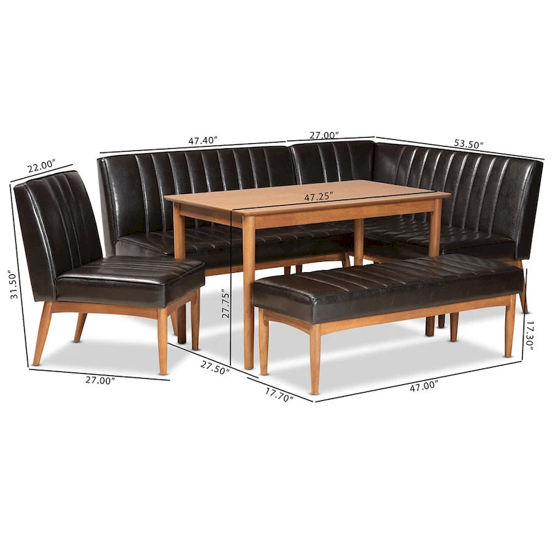 Ensemble de salle à manger 5 pièces en noyer et tissu rembourré, style Mid-Century