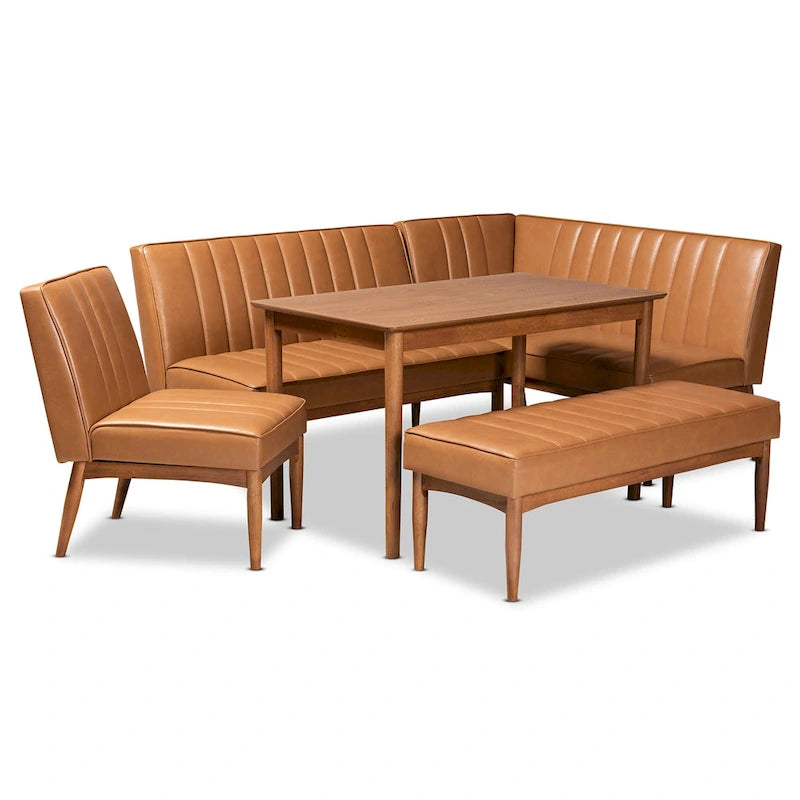 Ensemble de salle à manger 5 pièces en noyer et tissu rembourré, style Mid-Century