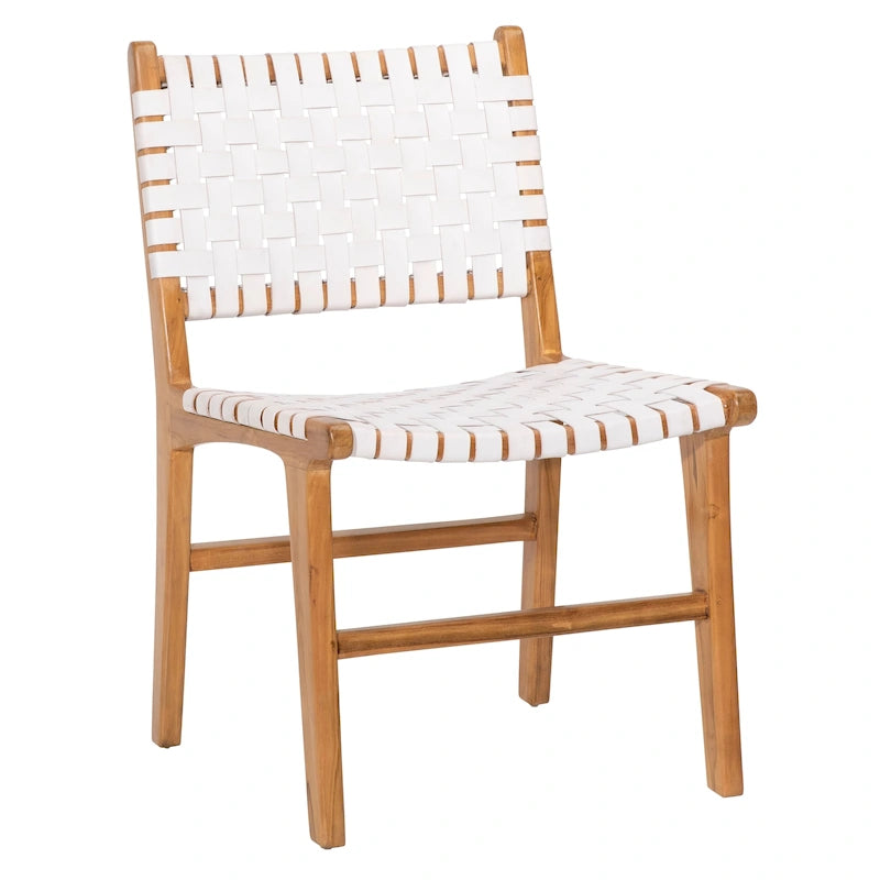 Chaise de salle à manger Maverick en cuir tissé pleine fleur avec cadre en teck