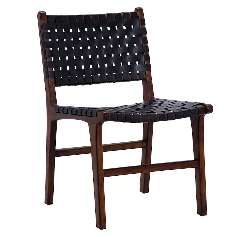 Chaise de salle à manger Maverick en cuir tissé pleine fleur avec cadre en teck